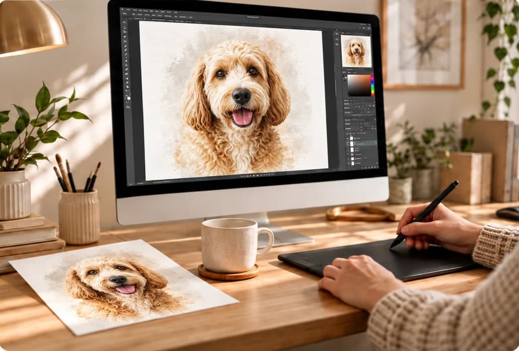 Illustrative scene: a watercolour-style dog portrait being edited on a computer with a pen tablet